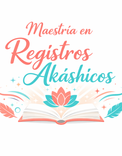 Portada del curso Maestría en Registros Akáshicos de la Escuela Online de Conciencia, con diseño espiritual en colores coral y turquesa sobre fondo blanco, ilustración de libro abierto con flor de loto y elementos decorativos.