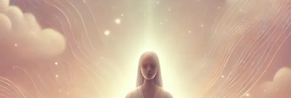 Ilustración serena de una persona meditando en un entorno etéreo, representando la meditación gratuita en línea para el bienestar emocional y espiritual.