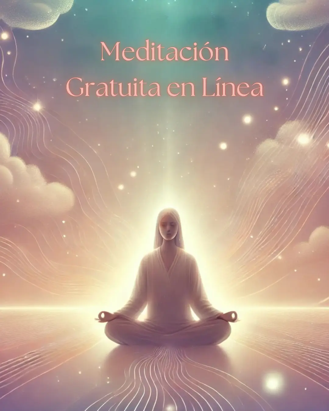 Ilustración serena de una persona meditando en un entorno etéreo, representando la meditación gratuita en línea para el bienestar emocional y espiritual.