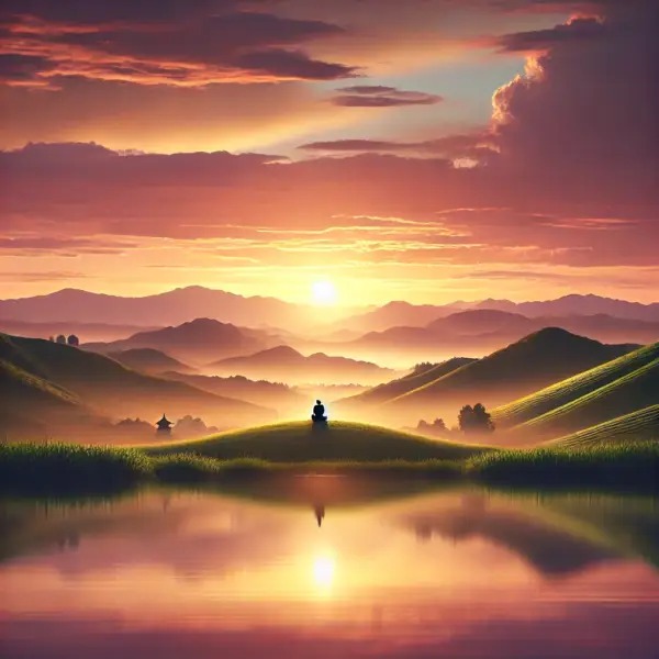 Persona sentada en un paisaje tranquilo y sereno, conectando con los Registros Akáshicos en un entorno natural. EscuelaOnlineDeConciencia.com guía hacia la paz interior y la reflexión espiritual.