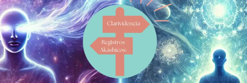 Ilustración mística que representa la diferencia entre la clarividencia y los Registros Akáshicos. A la izquierda, una figura luminosa con los ojos cerrados recibe visiones del pasado, presente y futuro. A la derecha, una persona medita en un entorno cósmico rodeado de energía celestial, simbolizando la conexión profunda con el alma y la sabiduría espiritual. | Diferencias entre Clarividencia y Registros Akáshicos