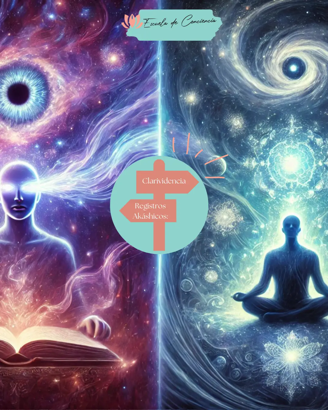 Ilustración mística que representa la diferencia entre la clarividencia y los Registros Akáshicos. A la izquierda, una figura luminosa con los ojos cerrados recibe visiones del pasado, presente y futuro. A la derecha, una persona medita en un entorno cósmico rodeado de energía celestial, simbolizando la conexión profunda con el alma y la sabiduría espiritual. | Diferencias entre Clarividencia y Registros Akáshicos