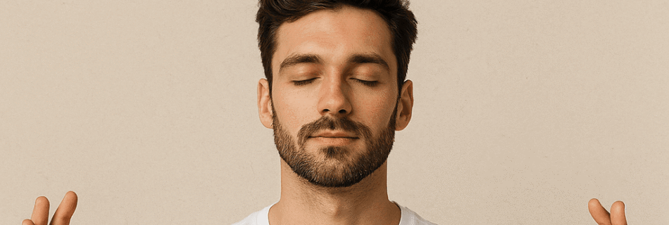 Hombre atractivo meditando con la frase de " ¿Sabías que meditar te puede hacer más atractivo? "