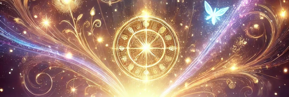 Imagen de un libro abierto místico con páginas doradas brillantes, representando la lectura del alma online. La energía espiritual y los símbolos etéreos flotan a su alrededor en un fondo cósmico de tonos púrpura y azul, evocando conexión y sabiduría universal.