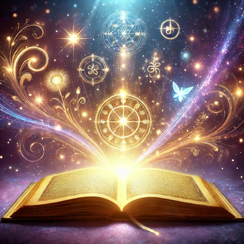 Imagen de un libro abierto místico con páginas doradas brillantes, representando la lectura del alma online. La energía espiritual y los símbolos etéreos flotan a su alrededor en un fondo cósmico de tonos púrpura y azul, evocando conexión y sabiduría universal.