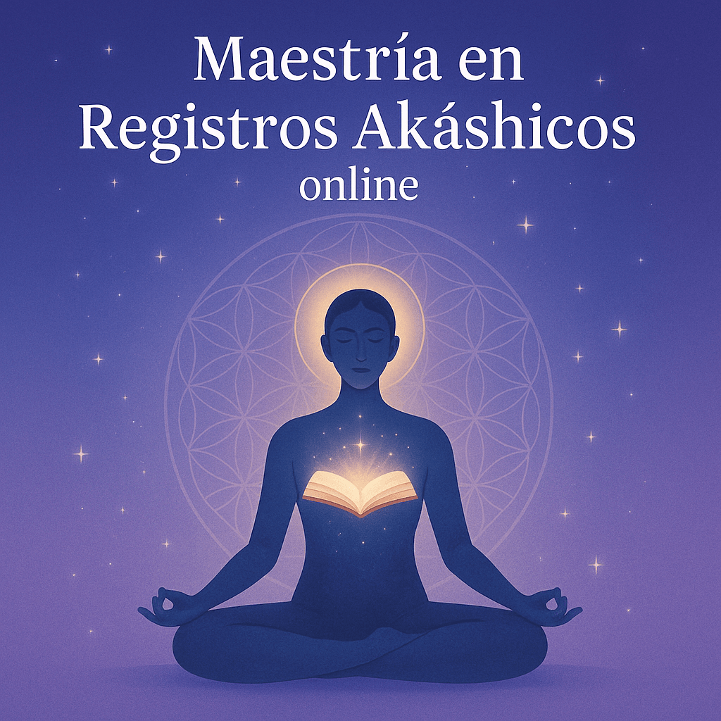Imagen de una persona meditando con un libro brillando con un título "Mastría en Registros Akáshicos online"