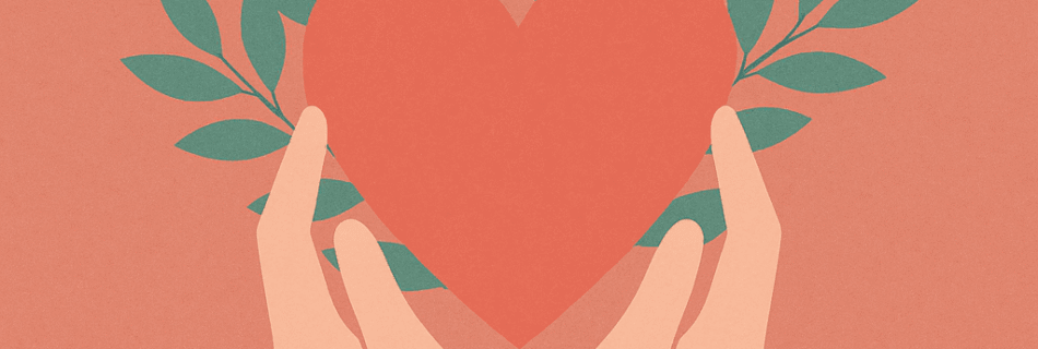 Ilustración minimalista de dos manos sosteniendo un corazón coral con hojas verdes, simbolizando sanación y conexión emocional.
