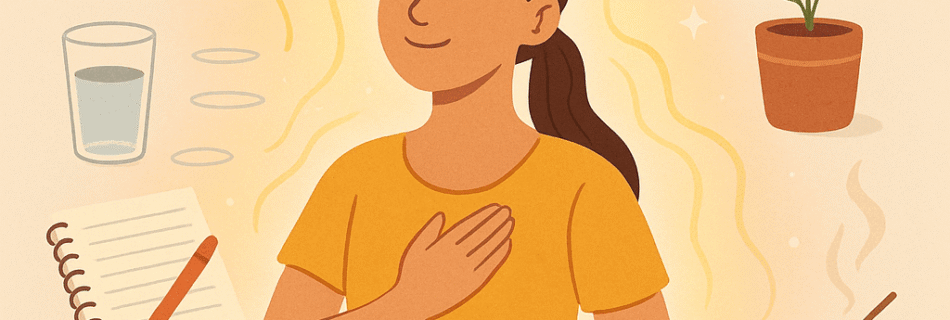 Ilustración de una mujer sentada en postura de meditación, con una mano en el pecho y rodeada de elementos simbólicos como sol, música, planta, agua, cristales, incienso y una libreta, representando rutinas diarias para elevar la energía y la vibración personal.
