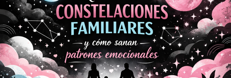 Ilustración de una familia de cuatro personas bajo un cielo con constelaciones en tonos rosa, celeste, blanco y negro, representando el concepto de constelaciones familiares y la sanación de patrones emocionales heredados