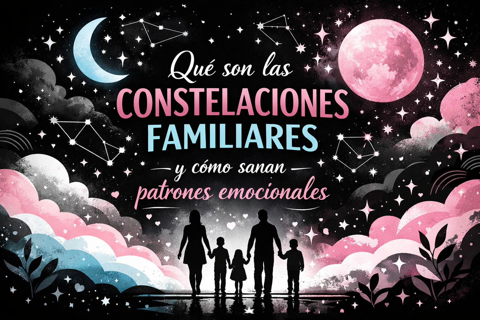 Ilustración de una familia de cuatro personas bajo un cielo con constelaciones en tonos rosa, celeste, blanco y negro, representando el concepto de constelaciones familiares y la sanación de patrones emocionales heredados